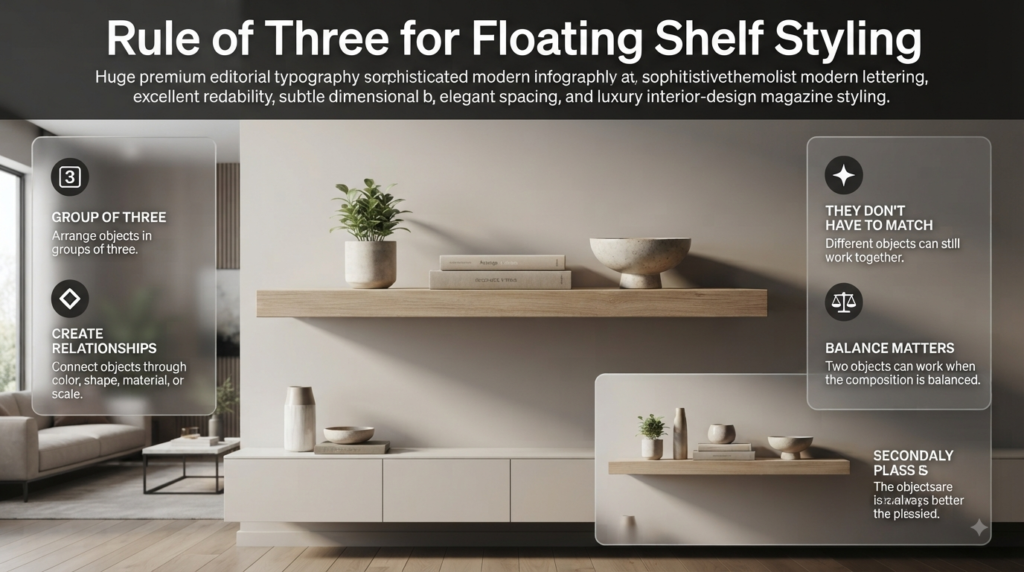 Floating shelf styled with a small plant, two stacked books, and decorative bowl using the rule of three for visual balance.