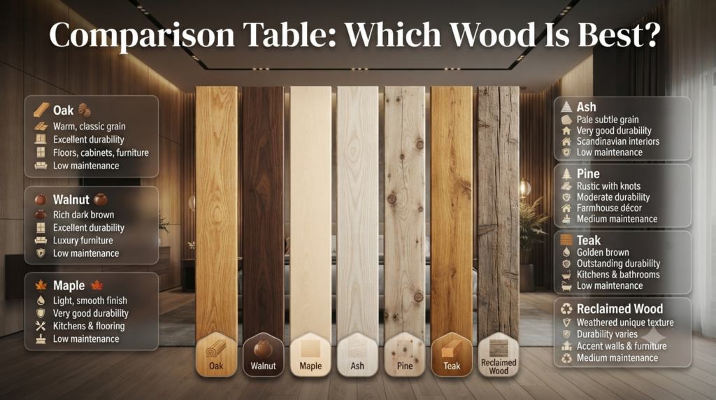 Premium infographic comparing oak, walnut, maple, ash, pine, teak, and reclaimed wood by appearance, durability, maintenance, and best uses.