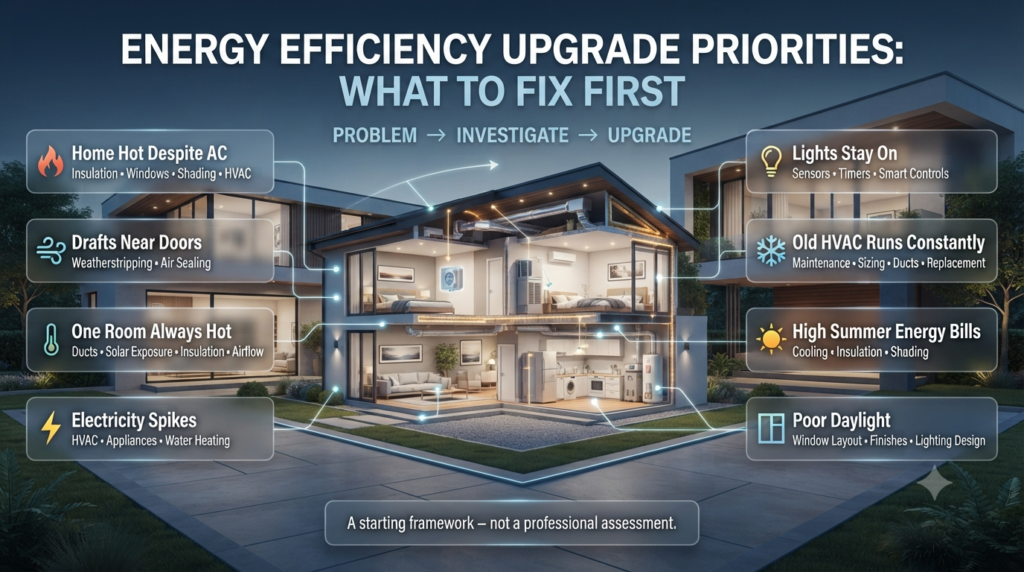 Energy efficiency upgrade guide showing home comfort problems matched with insulation, HVAC, windows, lighting, and appliance solutions.