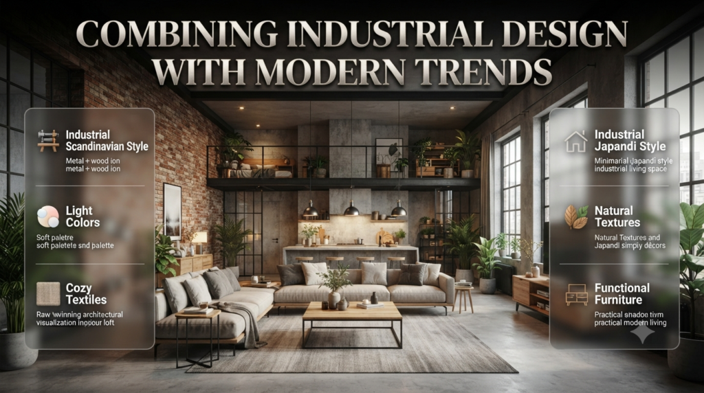 Industrial interior design combined with Scandinavian and Japandi styles featuring wood, textiles, minimal décor, and modern comfort.