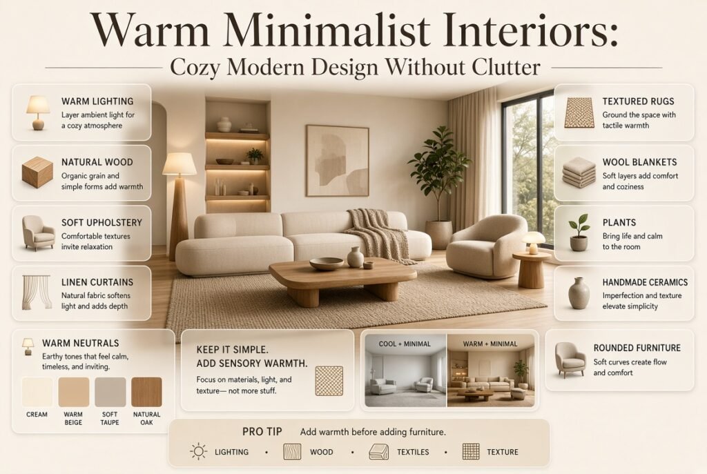 Warm minimalist interior with oak furniture, textured rug, linen curtains, soft lighting, plants, rounded furniture, and neutral colors.