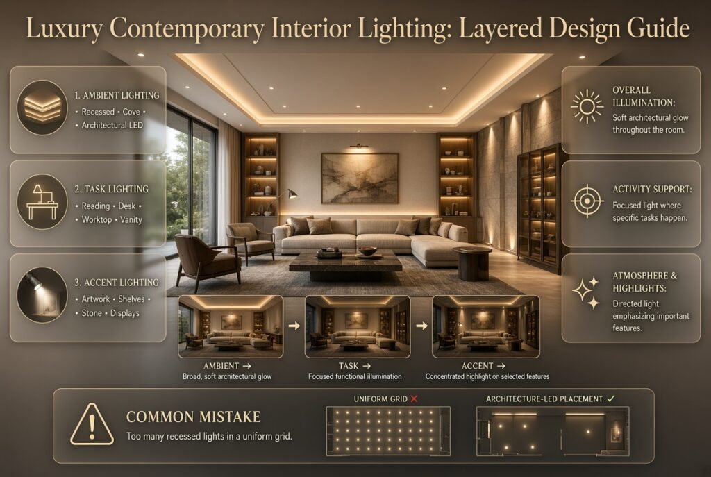Luxury contemporary interior with ambient, task, and accent lighting highlighting furniture, artwork, stone walls, and architectural details.