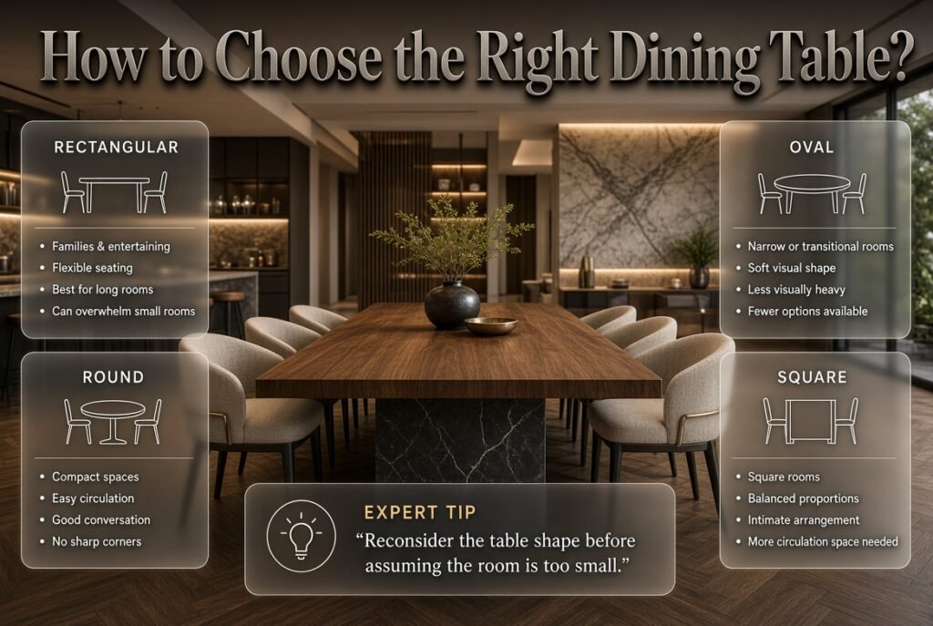 Modern dining room showing rectangular, round, oval, and square tables matched to different room shapes and seating needs.