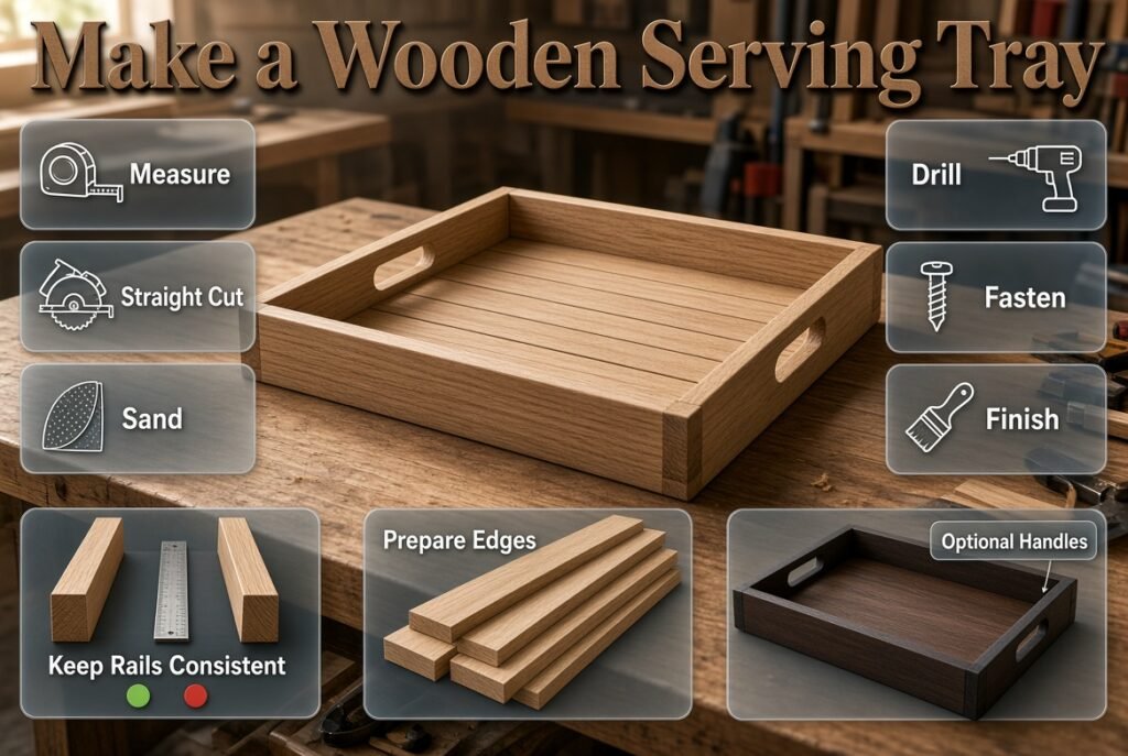 Beginner wooden serving tray project showing a flat base, four side rails, measuring, sanding, drilling, fastening, and finishing.