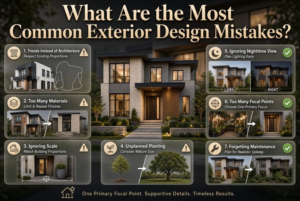 Exterior design mistakes infographic showing excessive materials, poor scale, unplanned plants, lighting issues, focal points, and maintenance.