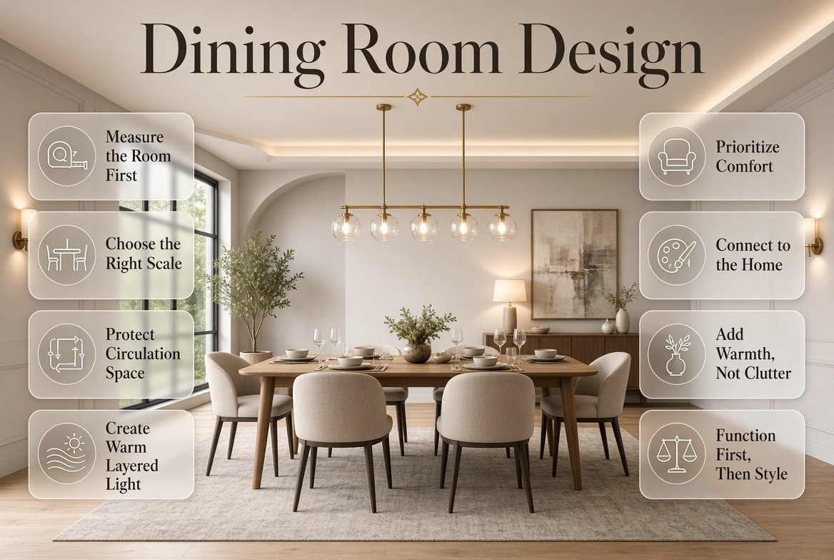 Dining room design with comfortable seating, balanced table layout, layered lighting, coordinated colors, rugs, and stylish decor.Dining Room Design Ideas for a Stylish Functional Space