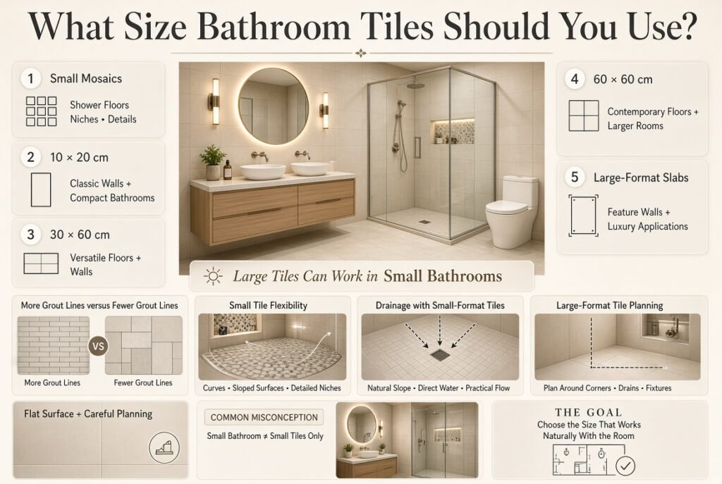 Bathroom tile size comparison showing mosaics, 30×60, 60×60, and large-format tiles for floors, walls, showers, and niches.