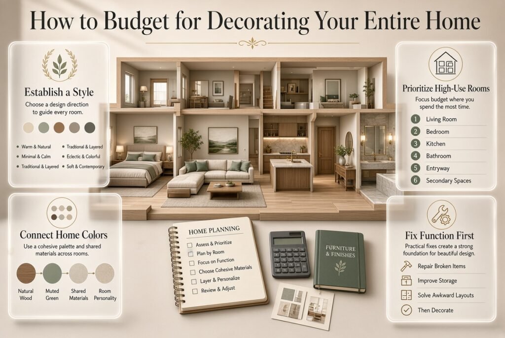 Whole-home decorating budget guide showing style planning, color connection, room priorities, and function before decoration