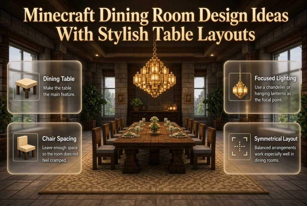 Minecraft dining room with a long table, chairs, central lighting, carpet, storage cabinet, windows, and decorative plants