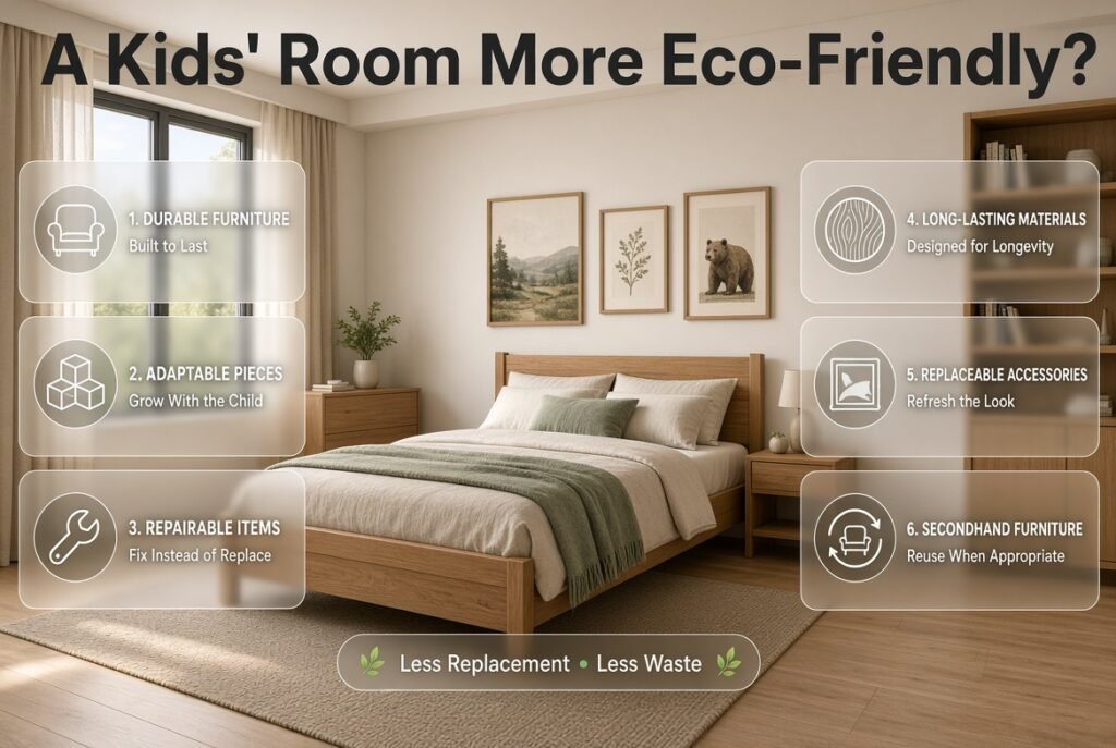 Eco-friendly kids’ room with durable furniture, adaptable pieces, repairable items, and replaceable decor for less waste
