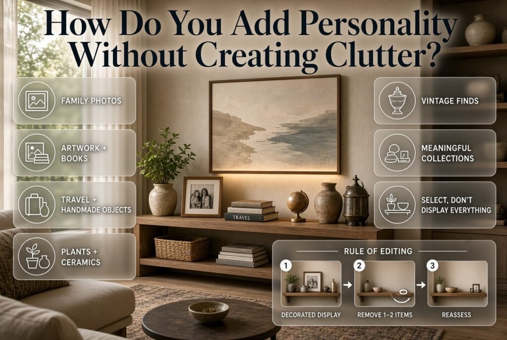 Stylish home decor using meaningful personal objects, edited displays, plants, artwork, and intentional empty space without clutter.