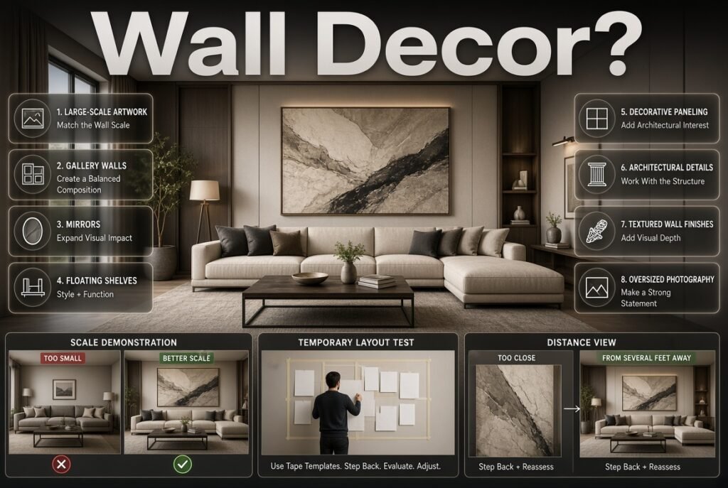 Wall decor ideas with large artwork, gallery walls, mirrors, shelves, paneling, and properly scaled decoration above furniture