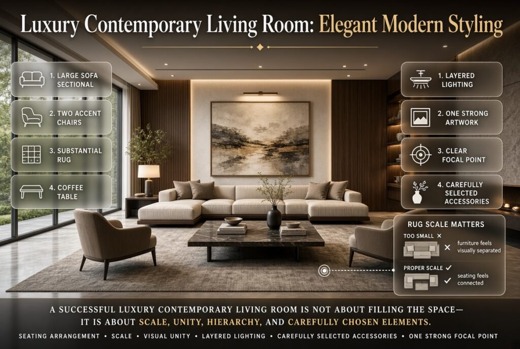 Luxury contemporary living room with sectional sofa, accent chairs, large rug, layered lighting, artwork, and a strong focal point.