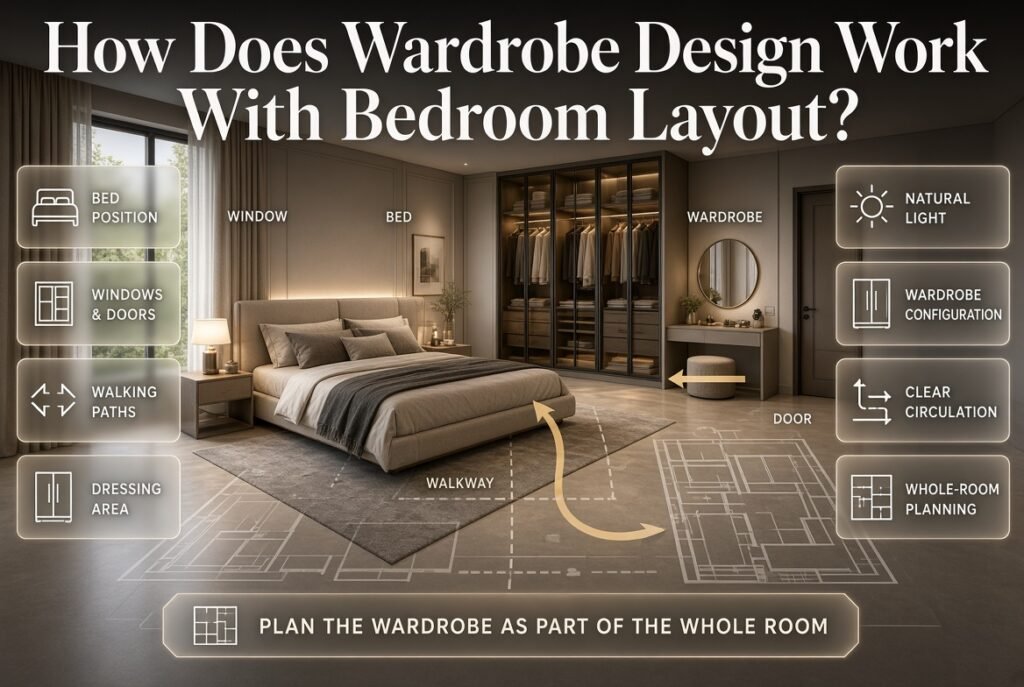 Bedroom layout showing wardrobe placement, bed position, window, door, walking path, dressing area, and natural light.