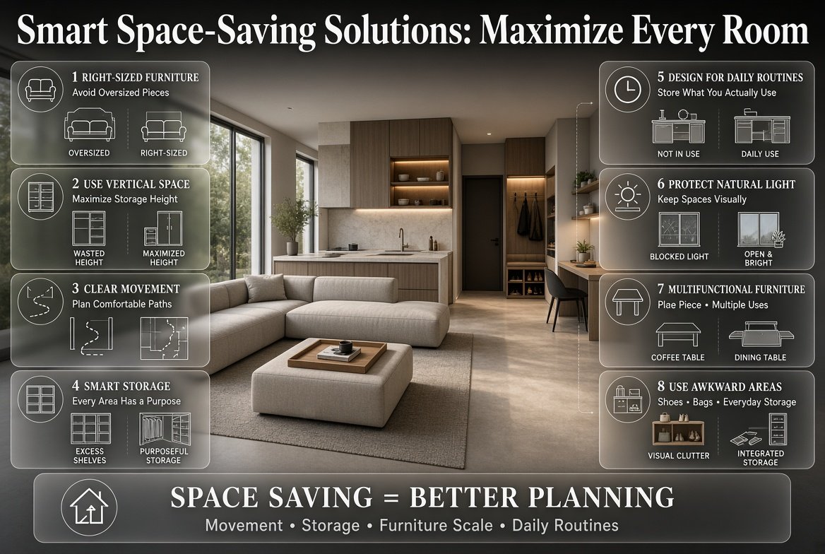 Smart space-saving solutions for modern homes featuring multifunctional furniture, vertical storage, organized rooms, and efficient layouts.Smart Space-Saving Solutions: Maximize Every Room