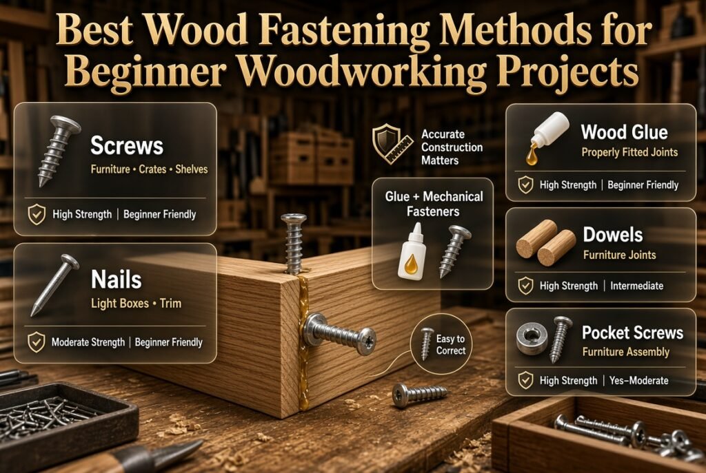 Beginner woodworking fastening guide comparing screws, nails, wood glue, dowels, and pocket screws by strength and use.
