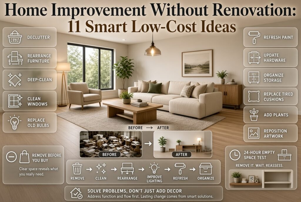 Home improvement without renovation using decluttering, furniture rearrangement, better lighting, fresh paint, storage, textiles, and plants.