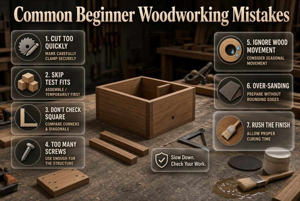 Beginner woodworking mistakes infographic covering rushed cuts, test fits, square checks, excess screws, wood movement, sanding, and finish.