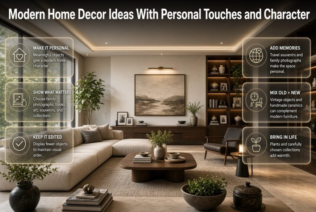 Modern home interior featuring family photos, books, plants, handmade ceramics, vintage objects, and personal decor in an organized space.