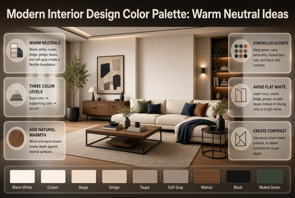 Modern interior design color palette featuring warm neutrals, walnut wood, black accents, cream textiles, and muted green accessories.