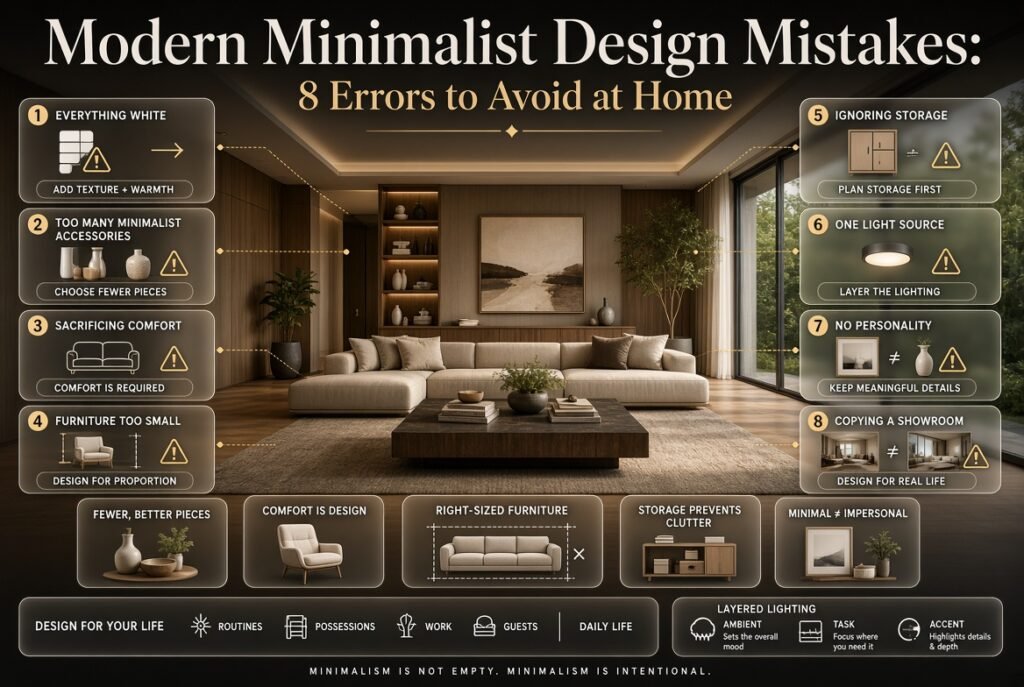 Modern minimalist interior infographic showing eight design mistakes involving white decor, clutter, comfort, scale, storage, lighting, personality, and lifestyle.