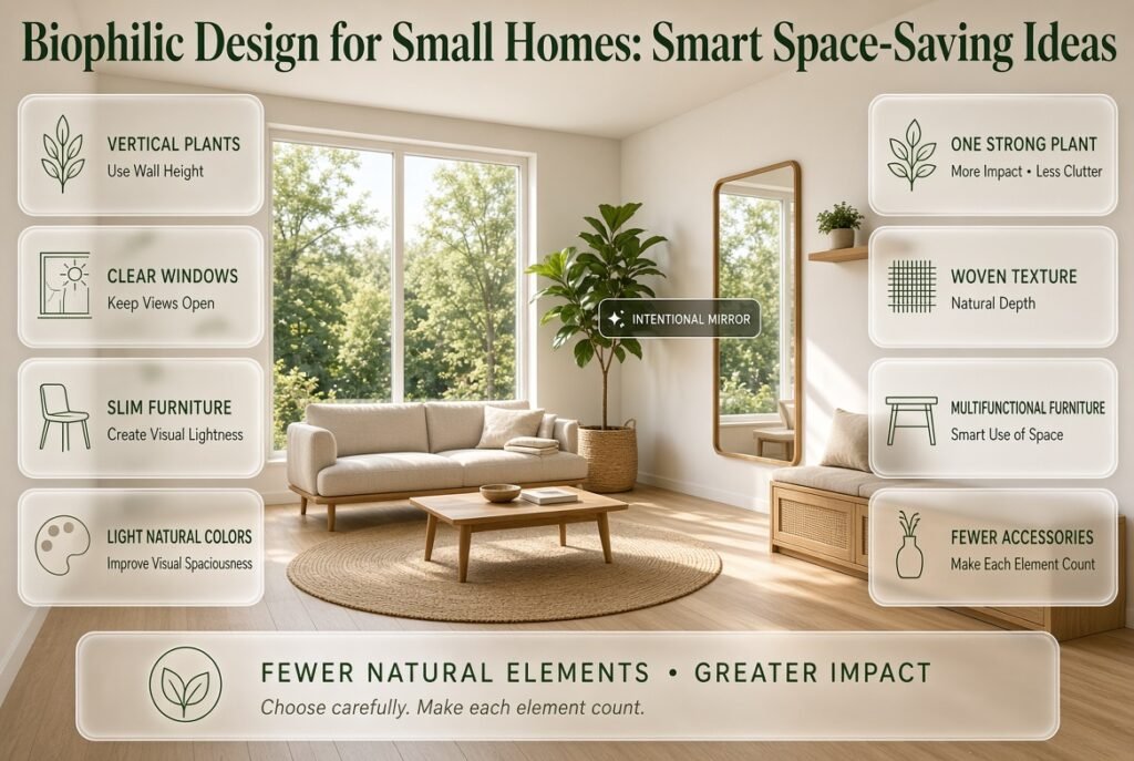 Biophilic design for small homes featuring vertical plants, clear windows, slim furniture, natural colors, woven textures, and mirrors.