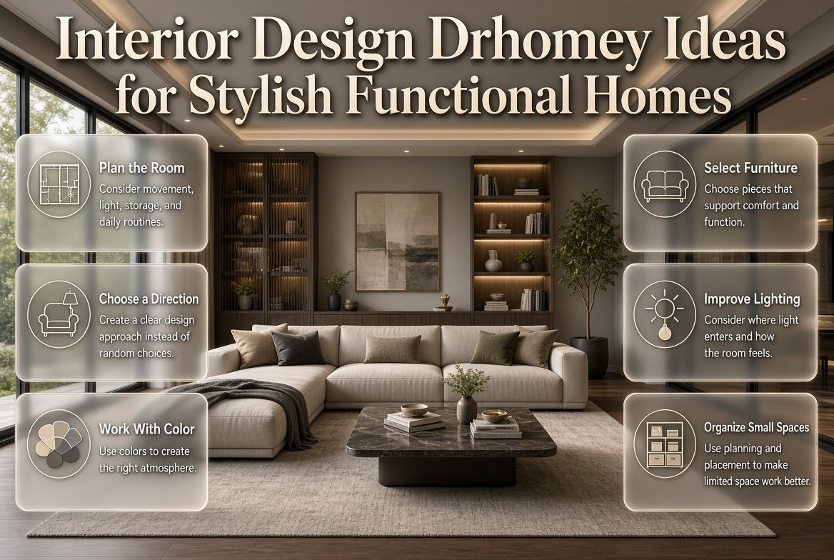 Interior Design Drhomey concept showing balanced furniture, colors, lighting, storage, comfort, and practical home organization
