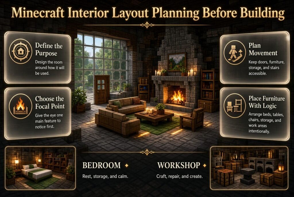 Minecraft interior planning with room purpose, focal points, furniture placement, storage, and clear player movement paths