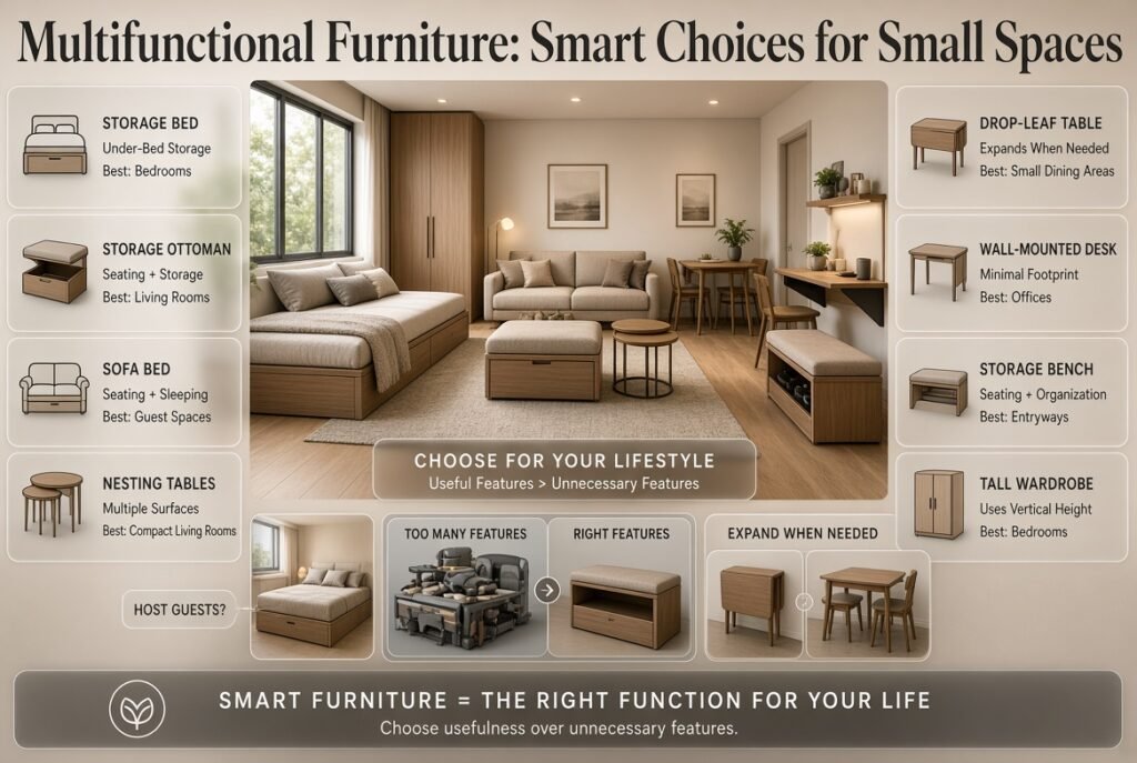 Multifunctional furniture for small spaces featuring storage beds, ottomans, nesting tables, wall desks, benches, and tall wardrobes.