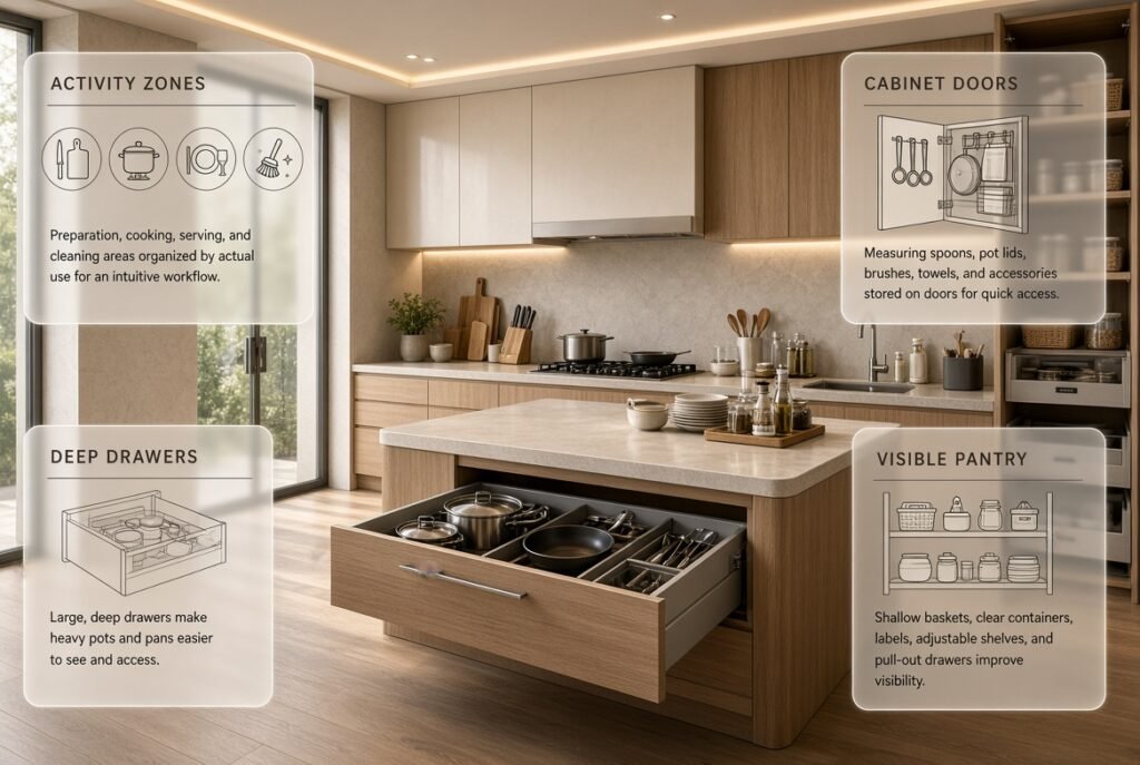 Small kitchen organization ideas with activity zones, deep drawers, cabinet-door storage, and visible pantry organization.