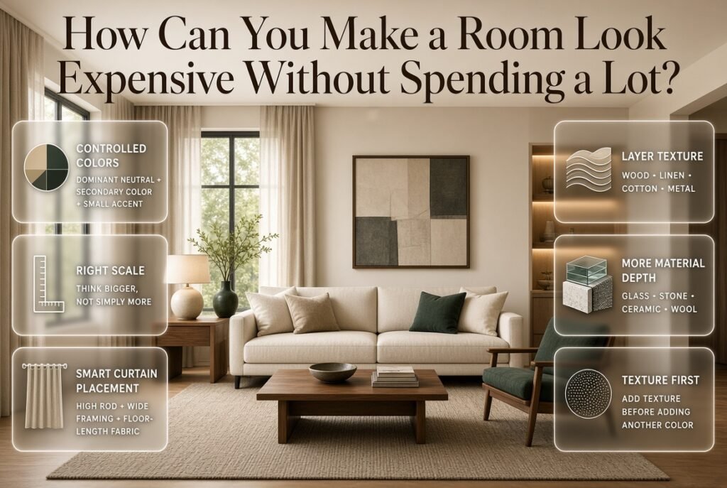Elegant budget-friendly living room with layered textures, controlled colors, large-scale décor, and elevated curtain placement.