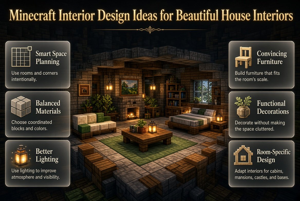 Minecraft interior design with stylish furniture, smart lighting, block palettes, and organized room layouts for beautiful houses Minecraft Interior Design Ideas for Beautiful House Interiors