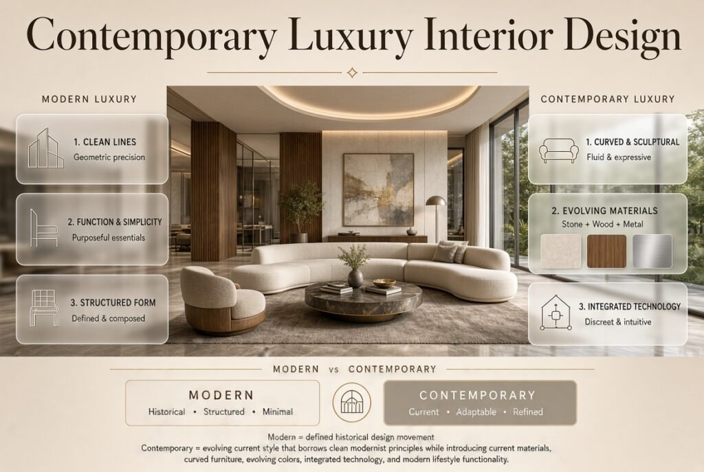 Contemporary luxury interior design combining curved furniture, refined materials, neutral colors, technology, and modern architectural details.