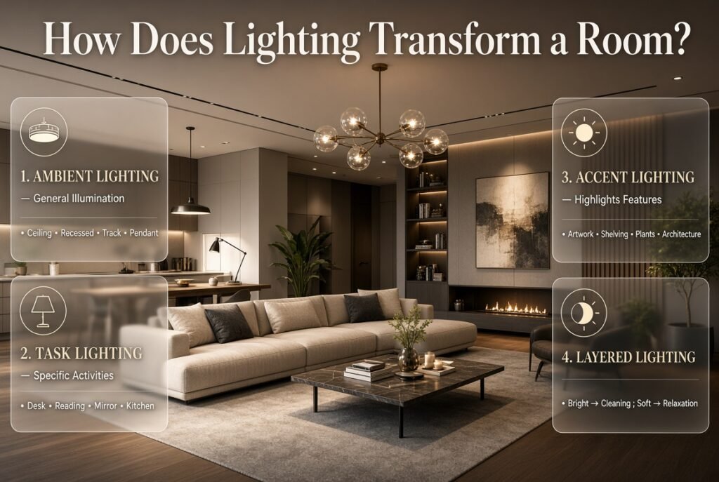 Layered room lighting using ambient, task, and accent lights to enhance furniture, colors, materials, textures, and decor