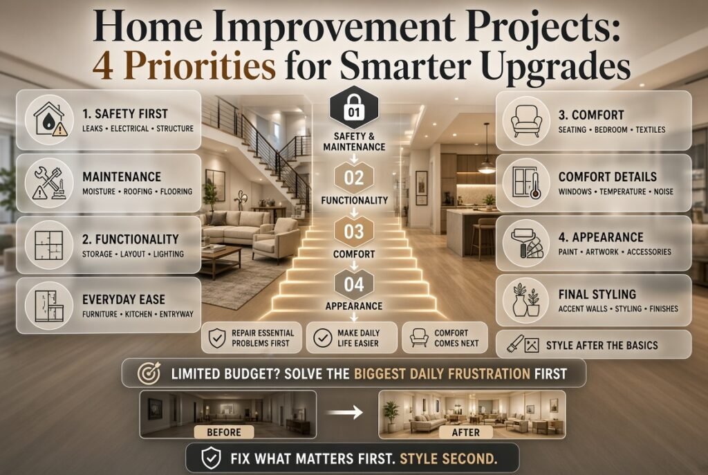 Home improvement infographic showing four priorities: safety, functionality, comfort, and appearance for smarter renovation planning.