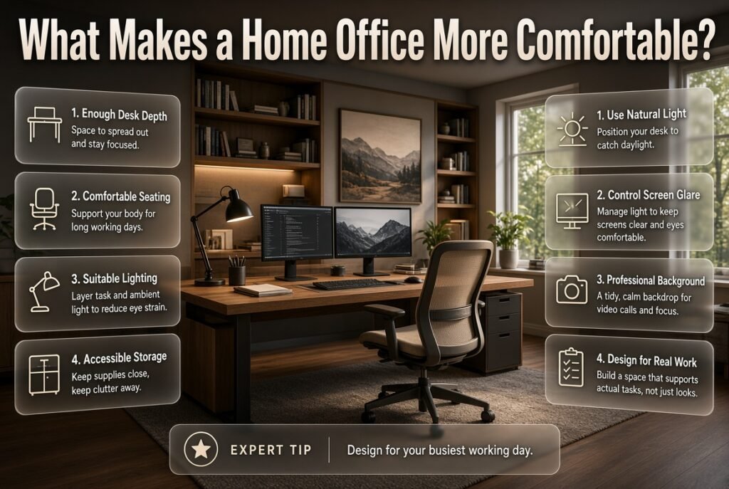 Comfortable home office design with a deep desk, ergonomic seating, suitable lighting, storage, natural light, and a professional background.