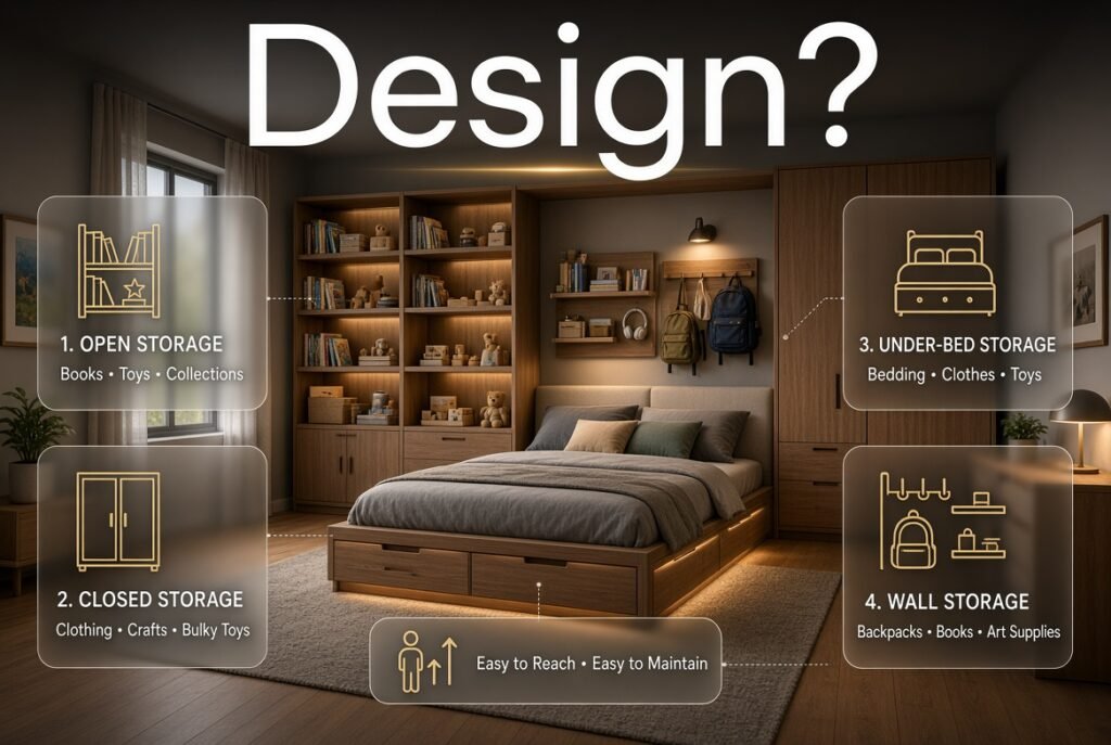 Children’s bedroom storage design with open shelves, closed cabinets, under-bed drawers, and accessible wall storage