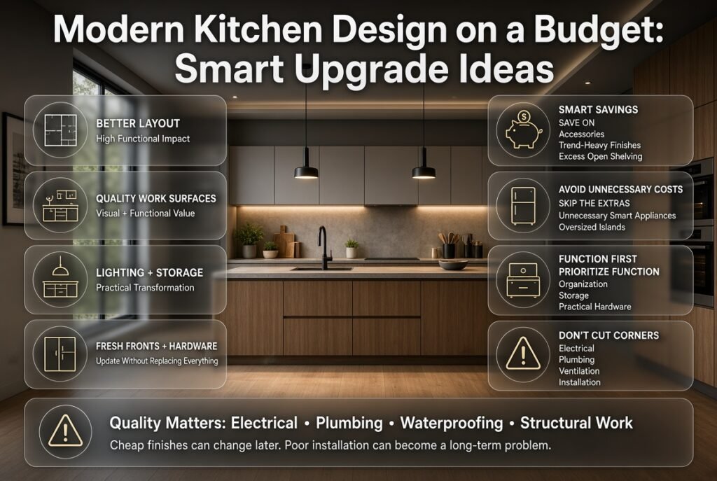 Modern kitchen design on a budget showing high-impact upgrades, smart savings, and essential areas where quality should not be compromised.