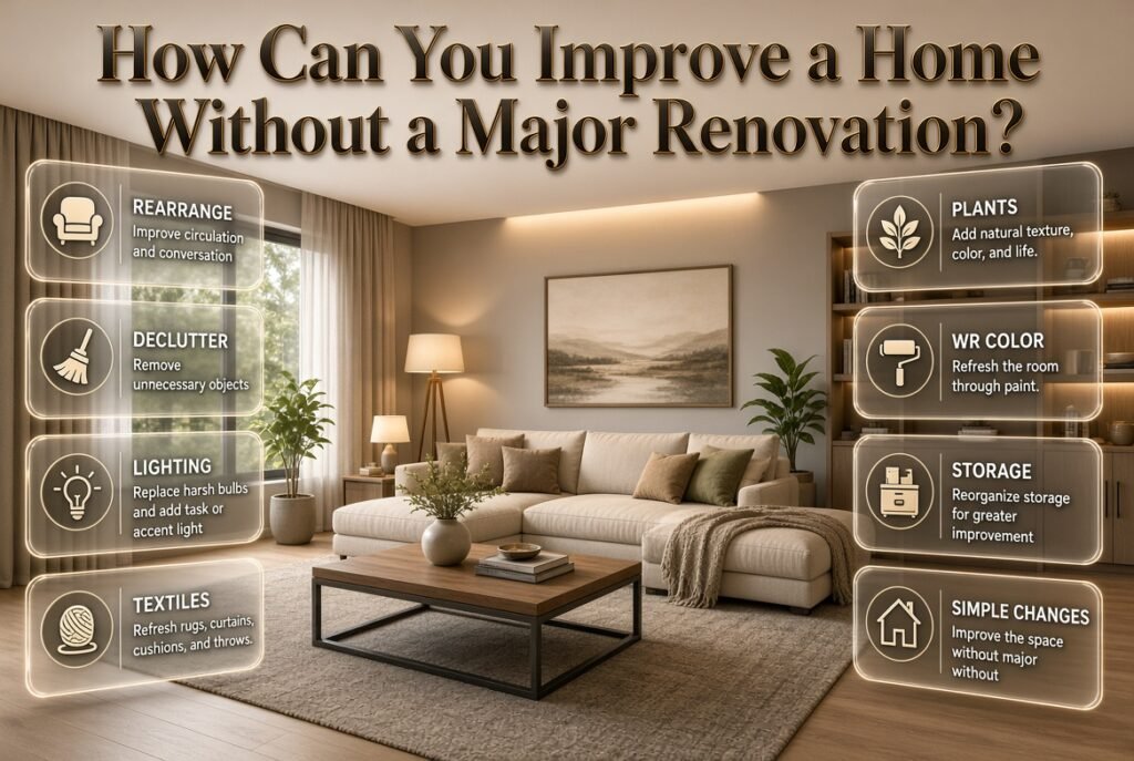 Improve your home without major renovation using furniture rearrangement, decluttering, lighting, textiles, plants, paint, and storage.