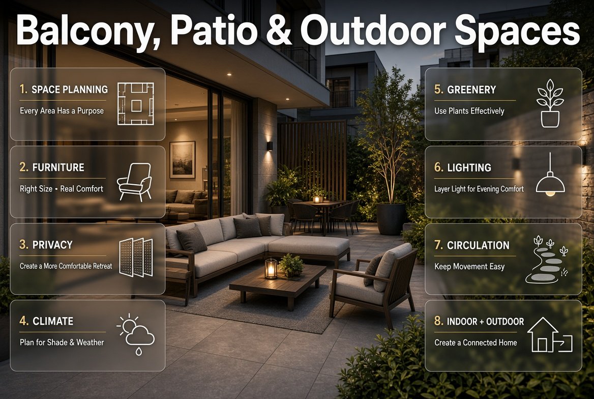 Modern balcony, patio, and outdoor space design with comfortable furniture, greenery, privacy, lighting, and practical layouts Balcony Patio & Outdoor Spaces Design Ideas for Modern Homes
