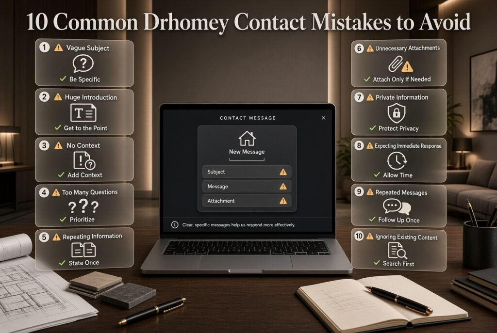Infographic showing 10 common Drhomey contact mistakes, including vague subjects, excessive questions, attachments, privacy, and follow-ups.