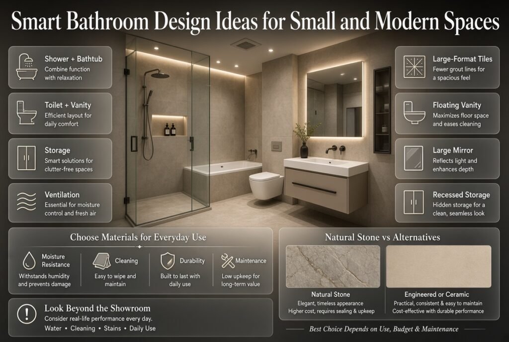 Smart bathroom design with shower, vanity, mirror, large tiles, floating fixtures, recessed storage, ventilation, and durable surfaces.