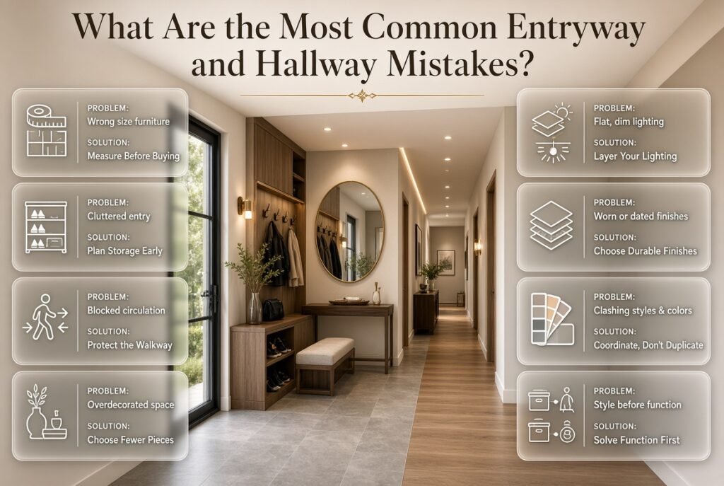 Common entryway and hallway mistakes including poor furniture sizing, clutter, blocked paths, weak lighting, and fragile materials.