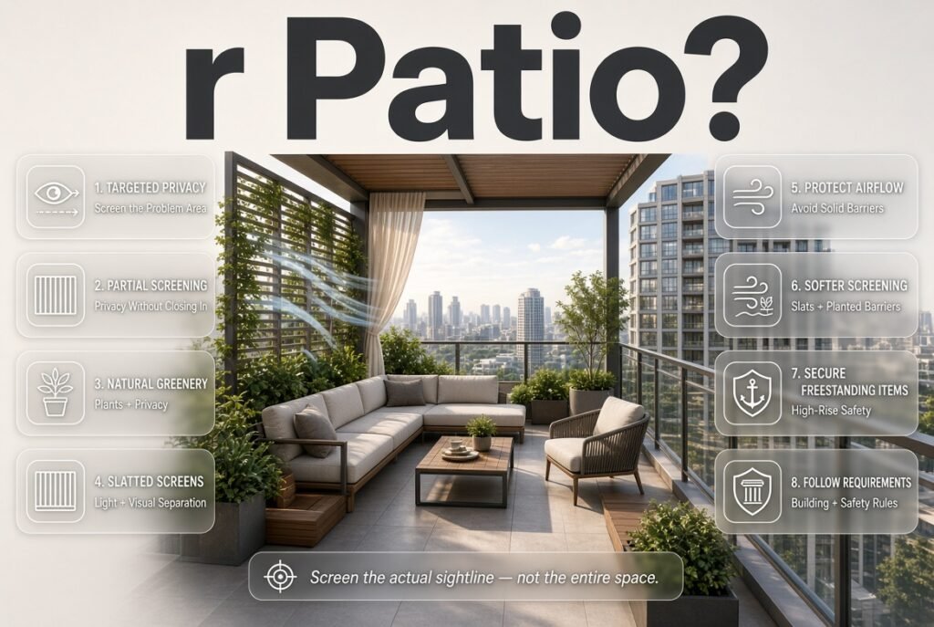 Patio privacy design with slatted screens, outdoor curtains, tall planters, greenery, and partial screening for open spaces