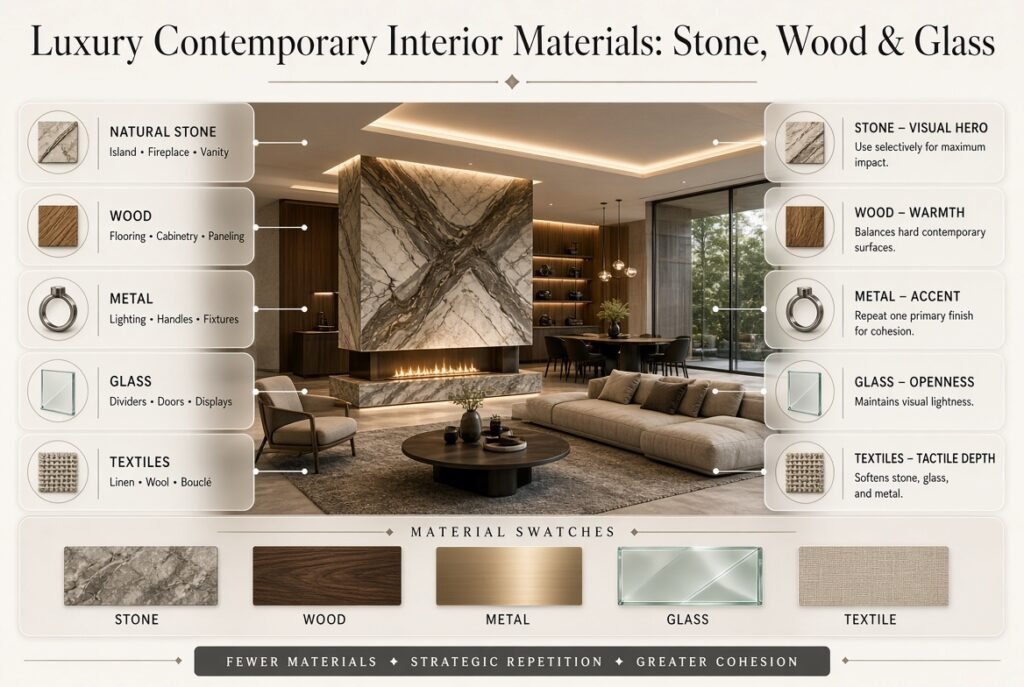 Luxury contemporary interior combining statement stone, natural wood, refined metal, glass, and tactile textiles for depth and warmth.