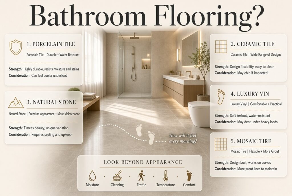 Modern bathroom flooring comparison featuring porcelain, ceramic, natural stone, luxury vinyl, and mosaic flooring options.