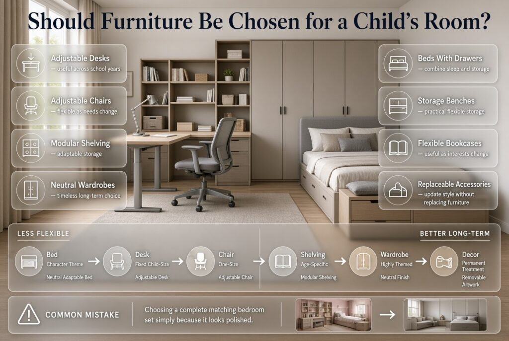 Adaptable kids room furniture with adjustable desk, chair, modular shelving, neutral bed, wardrobe, drawers, and flexible decor