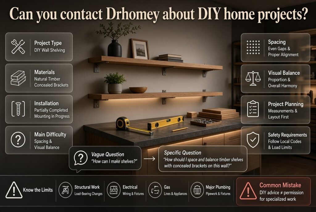 Guide showing how to contact Drhomey about DIY home projects, including project details, materials, planning, and safety considerations.