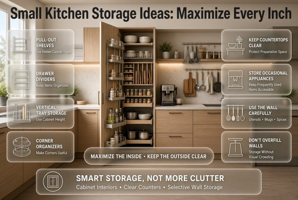 Small kitchen storage ideas featuring pull-out shelves, drawer dividers, vertical storage, wall organizers, and clear countertops.