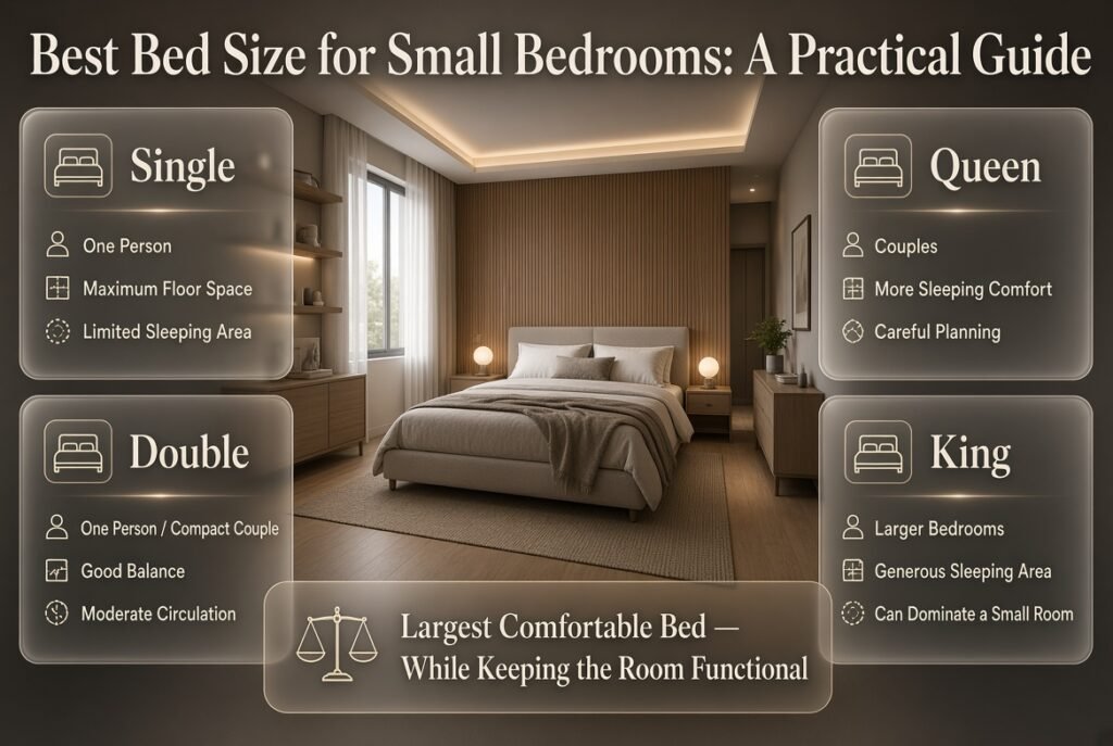 Small bedroom bed size guide comparing single, double, queen, and king beds for comfort, circulation, storage, and floor space.